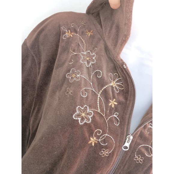 brown fall velvet gold embroidered floral zipup jacket plus size2X - Picture 3 of 7